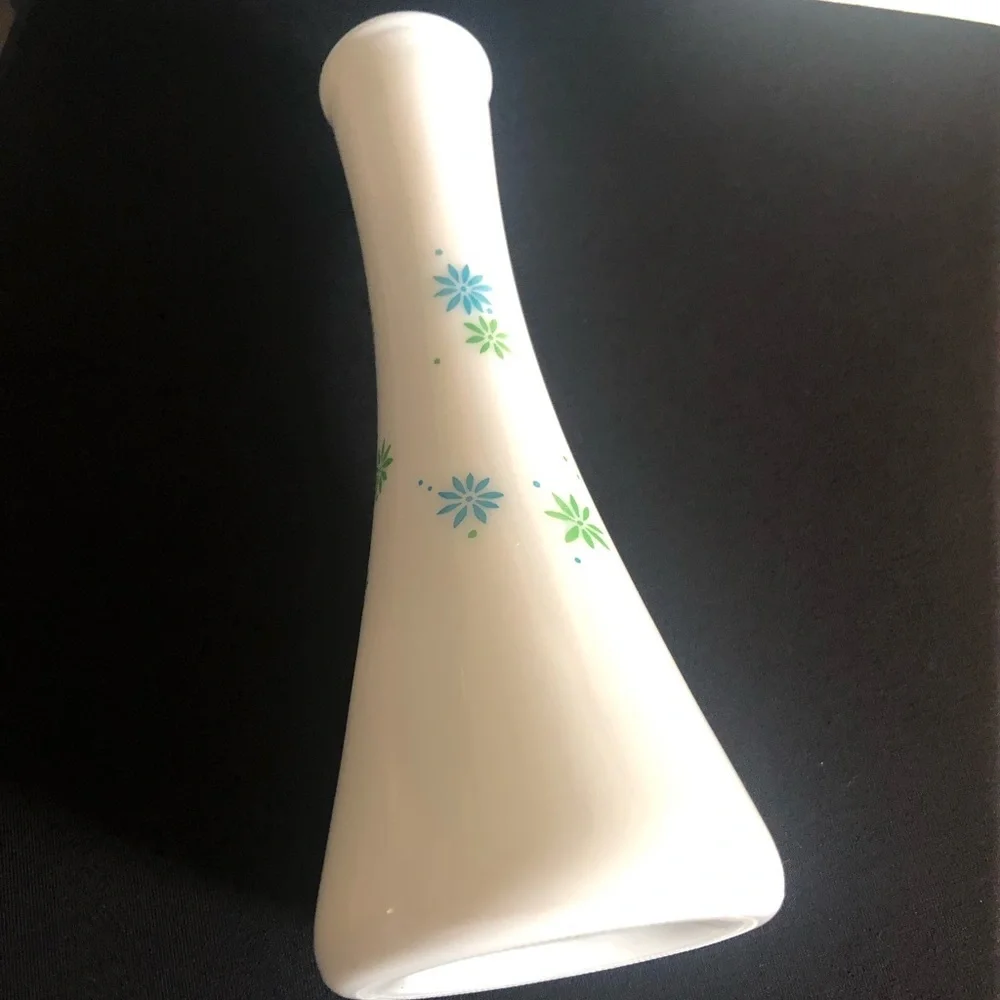 Vintage White MilkGlass Bud Vase w Blue Flowers